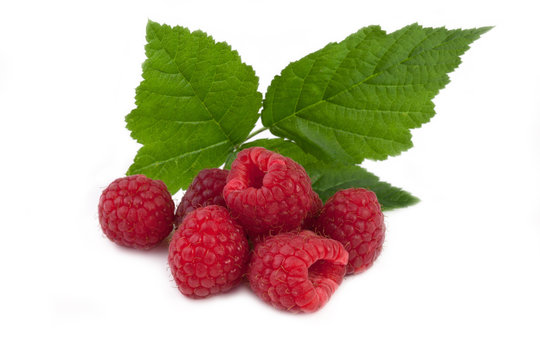 fresh raspberries with leaf isolated on white