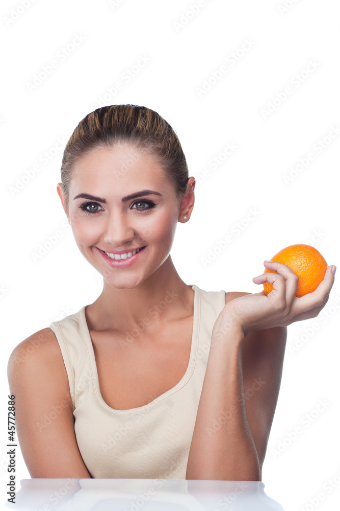 Wall mural close-up portrait of happy young woman with juice on white backg