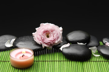 Fototapeta na wymiar Candle and ranunculus flower with pebble stones with green mat