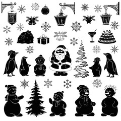 Christmas cartoon, set black silhouettes