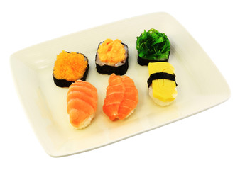 Delicious sushi rolls on white plate