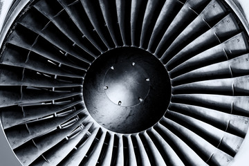 Jet engine close up. Black and white. Toning.