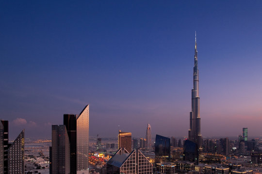 A skyline view of Downtown Dubai, showing the Burj Khalifa