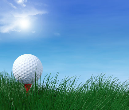 golf ball on tee against blue sky and clouds
