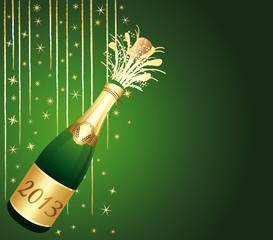 Carte de voeux verte et or. Bouteille de Champagne 2013.