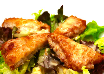 fried fish salad on white background