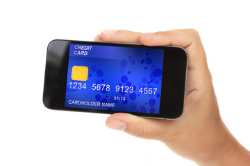 blue credit card in phone