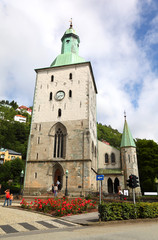 Bergen Cathedral with clock in Bergen, Norway