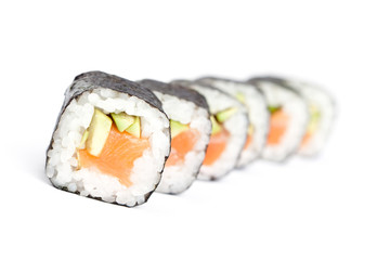 Row of maki sushi rolls, isolated on white. 