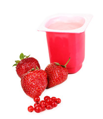 Yogurt with strawberry and redcurrant isolated on white
