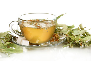 Glass cup of tea with linden isolated on white