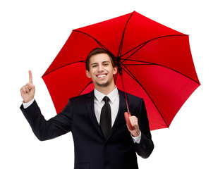 Forefinger gesturing man with opened red umbrella overhead