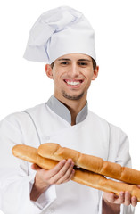 Chef cook in uniform hands bread, isolated on white