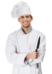 Chef cook in uniform hands knife, isolated on white