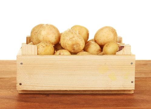 young potatoes in a wooden box