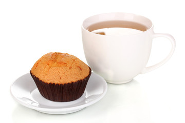 Fresh muffin with tea isolated on white