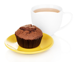 Fresh muffin with tea isolated on white