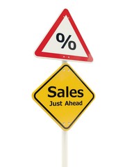 Sales Just Ahead road sign isolated on white