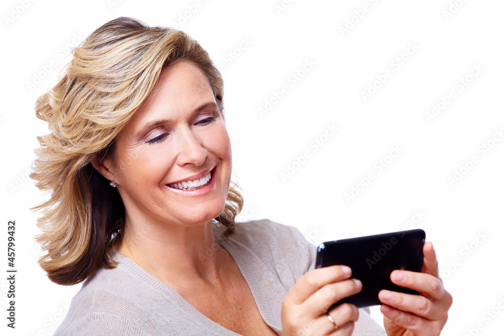 Poster Happy senior woman with tablet computer.