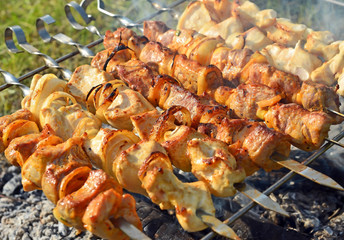 shish kebab on skewers and hot coals