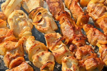 shish kebab on skewers and hot coals