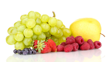 Mix of ripe sweet fruits and berries isolated on white