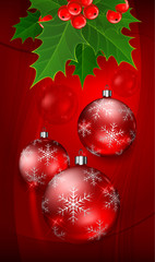Christmas balls on red with holly berry