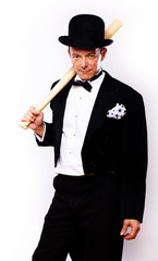 Portrait of handsome man posing in studio on white background wi