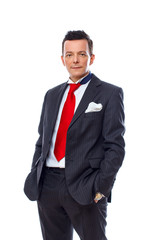 Portrait of handsome man posing in studio on white background in