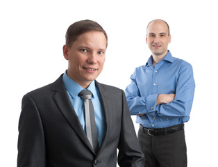 two smiling businessmen isolated on a white background
