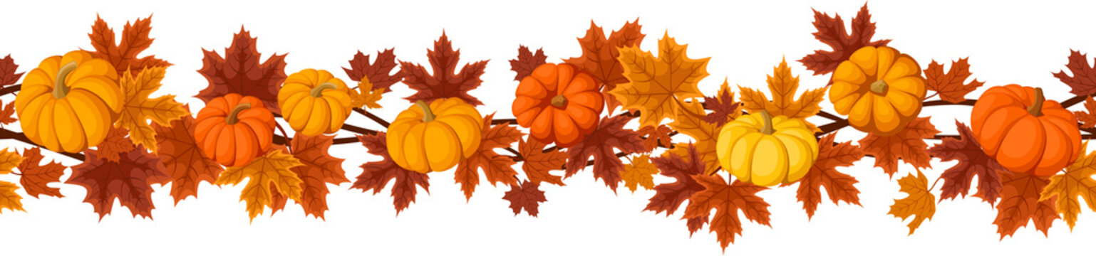 Vector horizontal background with pumpkins and autumn leaves