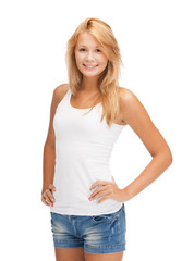 smiling teenage girl in blank white t-shirt
