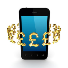 Pound sterling signs around mobile phone.