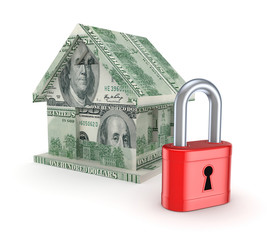 3d small house made of dollars and red lock.