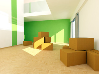 Maisonette, Galerie Wohnung grüner Farbspiegel Umzugskartons 3D