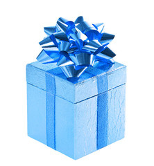 blue shiny gift box with bow on white