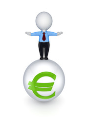 3d small person on a sphere with euro sign.