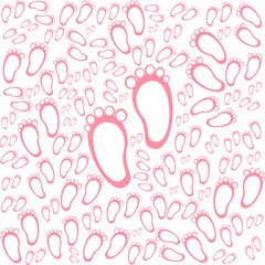 Baby girl arriival card with many foot steps background