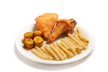 Fried chicken (two pieces) with french fries and banana fries