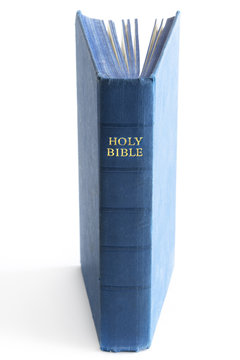 blue holy bible standing upright