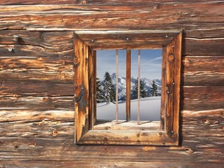 Winterlandschaft im Holzfenster