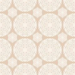 beige seamless pattern with white circles and flowers