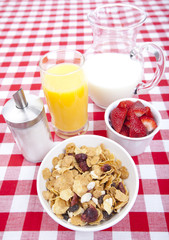 Breakfast of cereal, fruit, orange juice and milk