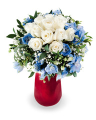 colorful floral bouquet from white roses and delphinium centerpi
