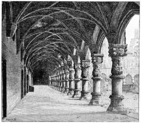 Gallery of the Courthouse in Liege, Belgium, vintage engraving