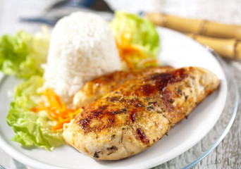 Roasted Chicken Breast with Salad and Rice