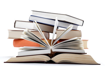 A stack of books on a white background.