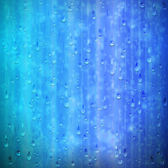 Fototapeta na wymiar Niebieskie tło deszczowa okno z kropli i rozmycia