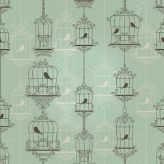 Fototapete Vögel in Käfigen Vintage Vögel und Vogelkäfige. Muster. Hintergrund.