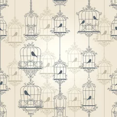 Wall murals Birds in cages Vintage birds and birdcages. Vector illustration.